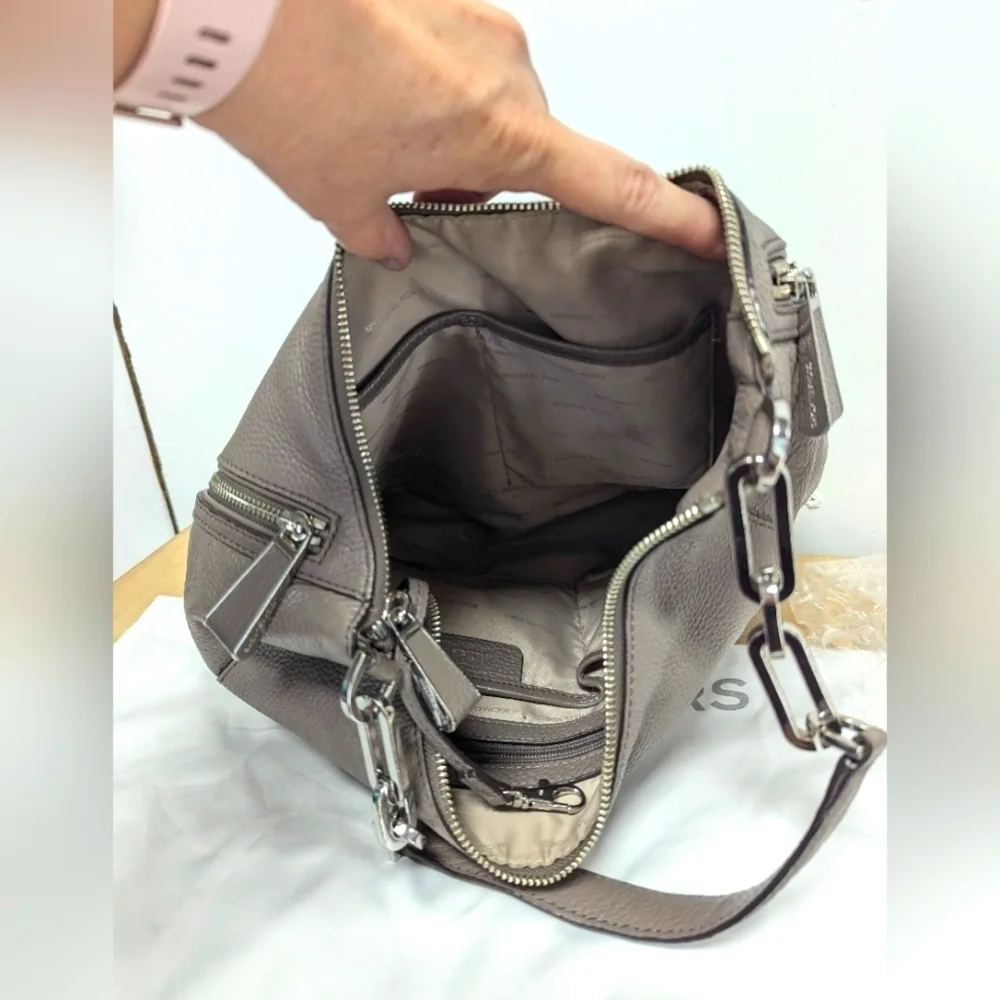 Michael Kors Grey Leather Shoulder Bag Large Zip Tabs Chain Detail